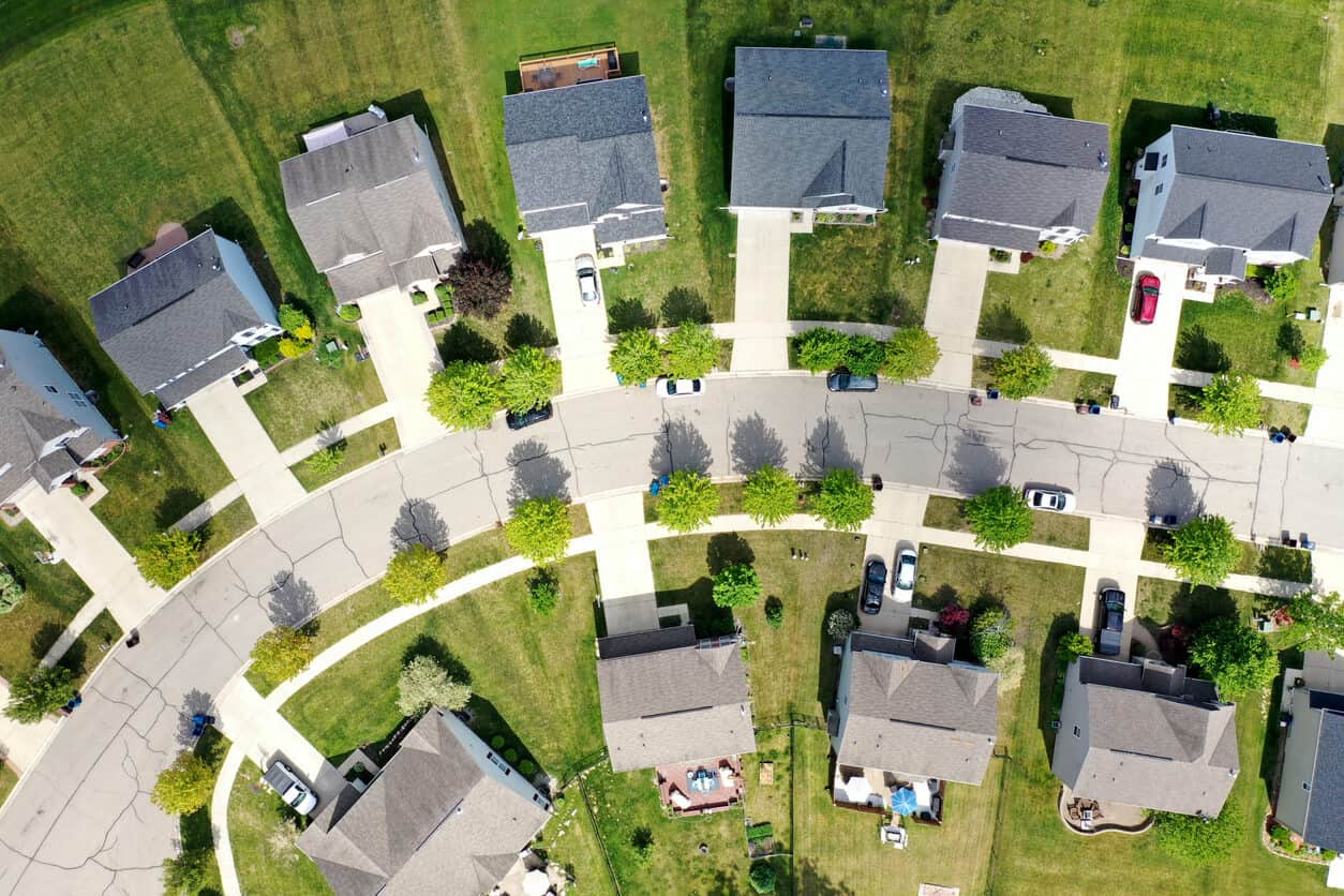 Aerial view of San Antonio homes - lifespan of new roof in Texas