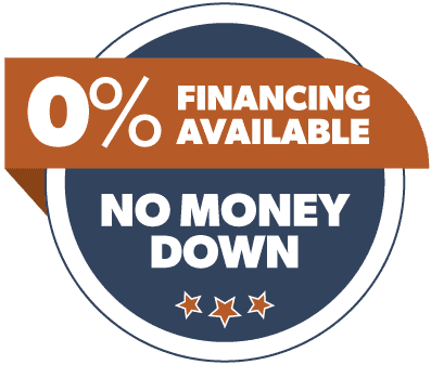A badge with the words 0% financing available no money down.