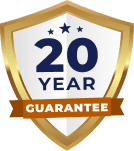 Gold shield emblem with "20 year guarantee" text and three stars, symbolizing a long-term warranty for expert roof coating services.