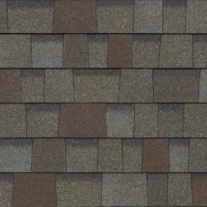 Close-up view of a textured roofing shingle featuring a pattern of interlocking tiles in shades of brown and gray.
