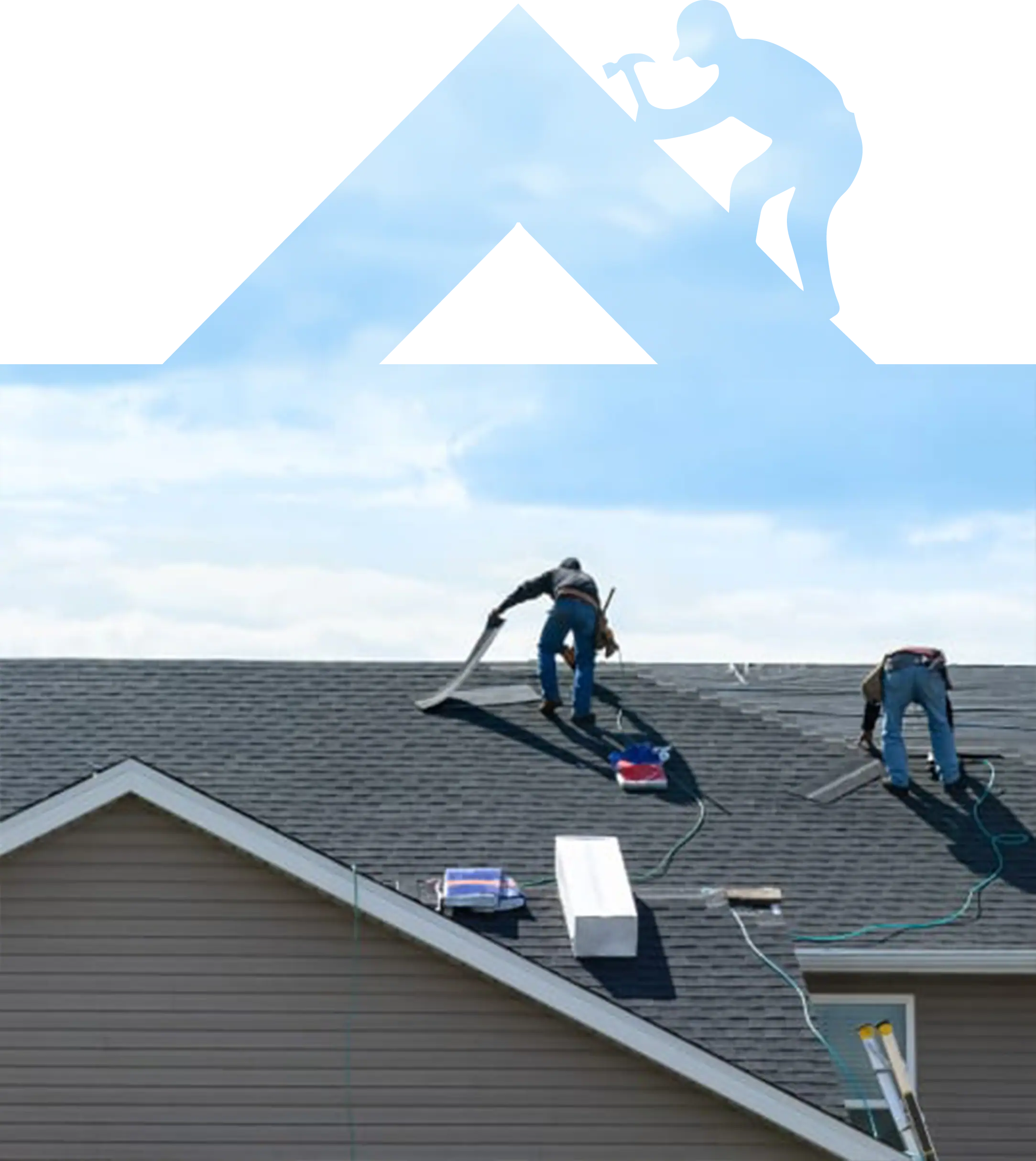 Two workers install shingles on a residential roof under a cloudy sky, discussing financing options.