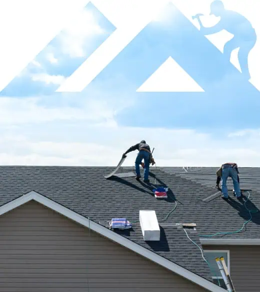 Workers installing or repairing a shingle roof on a residential house, offering financing options.
