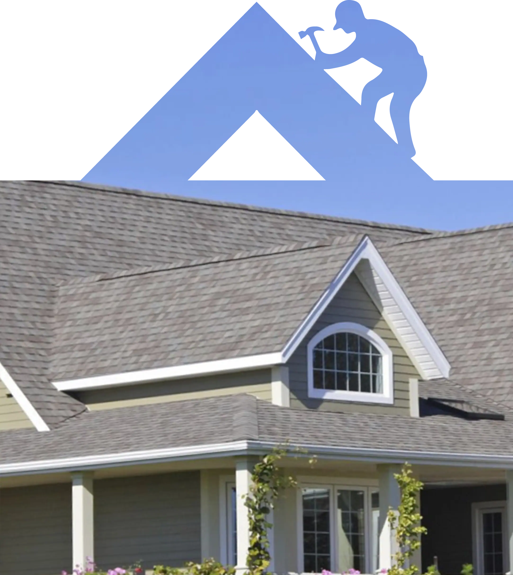 Close-up of a house's upper facade showing gray roofing, white trim, and a triangular dormer window against a clear blue sky.