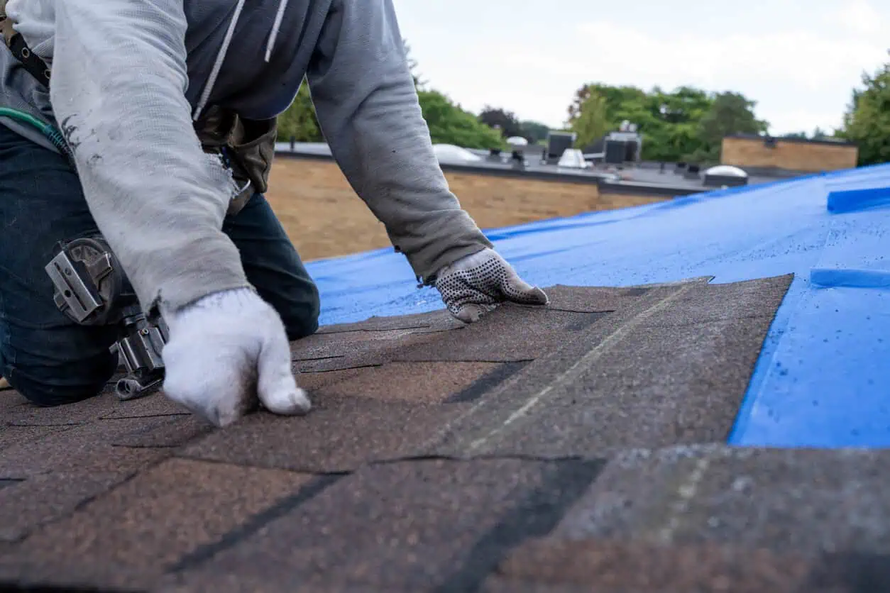 roofer lays asphalt shingles on roof - find roofing companies Austin