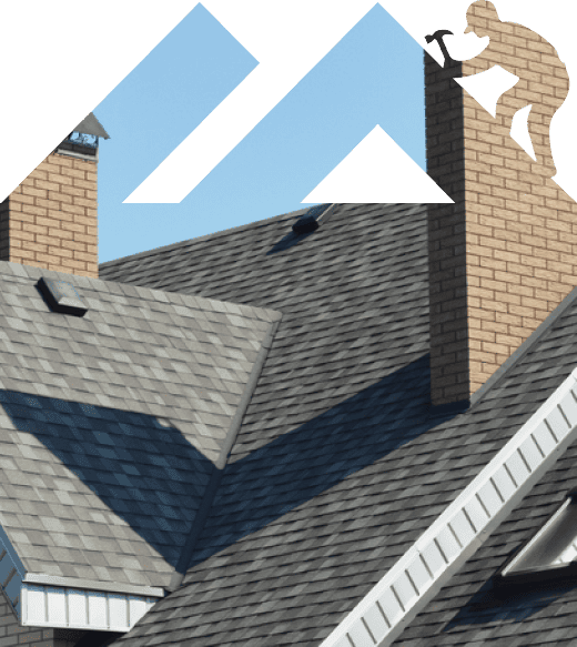 A worker in silhouette repairs a chimney on a house with a roof covered in grey shingles under a clear sky, showcasing the skilled craftsmanship of roofing contractors in Leander.