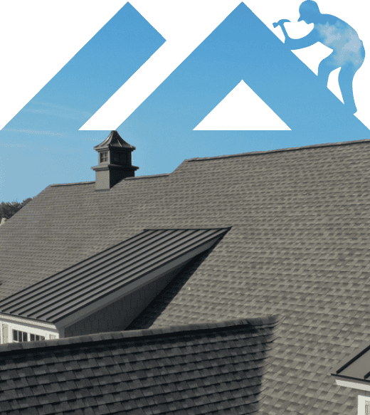 Rooftop with multiple angles and a small tower vent, under a clear blue sky, and a silhouette of a person with a hammer in the top right corner—proof of expert craftsmanship by roofing contractors in Leander.