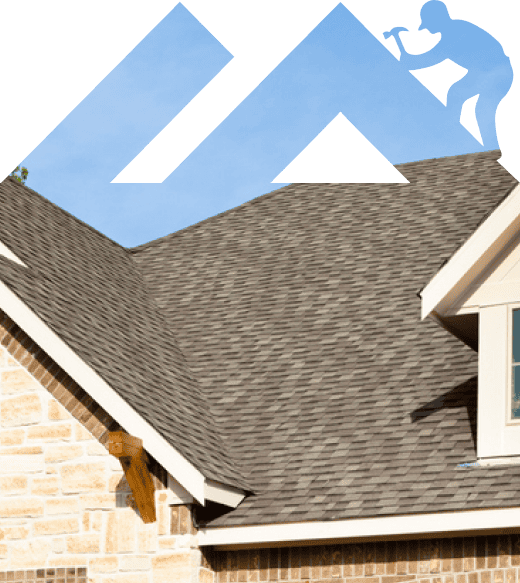 A person is diligently working on the shingled roof of a house, focusing on an area of the roof's edge near the peak. The clear blue sky provides a perfect backdrop for their roofing task.