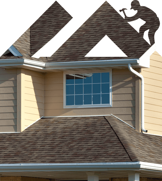 Image of a two-story house with a brown shingle roof and light-colored siding, highlighting the craftsmanship of roofing contractors in Leander. A silhouette of a person using a hammer adorns the top of the image.