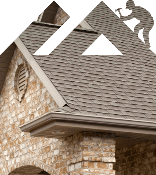 A brick house with an asphalt shingle roof and a vent on the gable showcases quality craftsmanship. An overlay graphic of a person hammering appears in the upper right corner, hinting at skilled roofing contractors in Leander who ensure top-notch results.