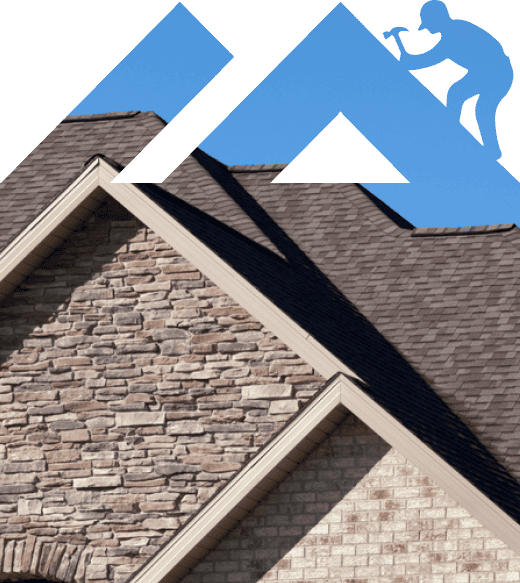 A house with a brick and stone exterior under a clear blue sky, showcasing the logo of trusted roofing contractors in Leander, featuring a person hammering on a roof in the upper right corner.