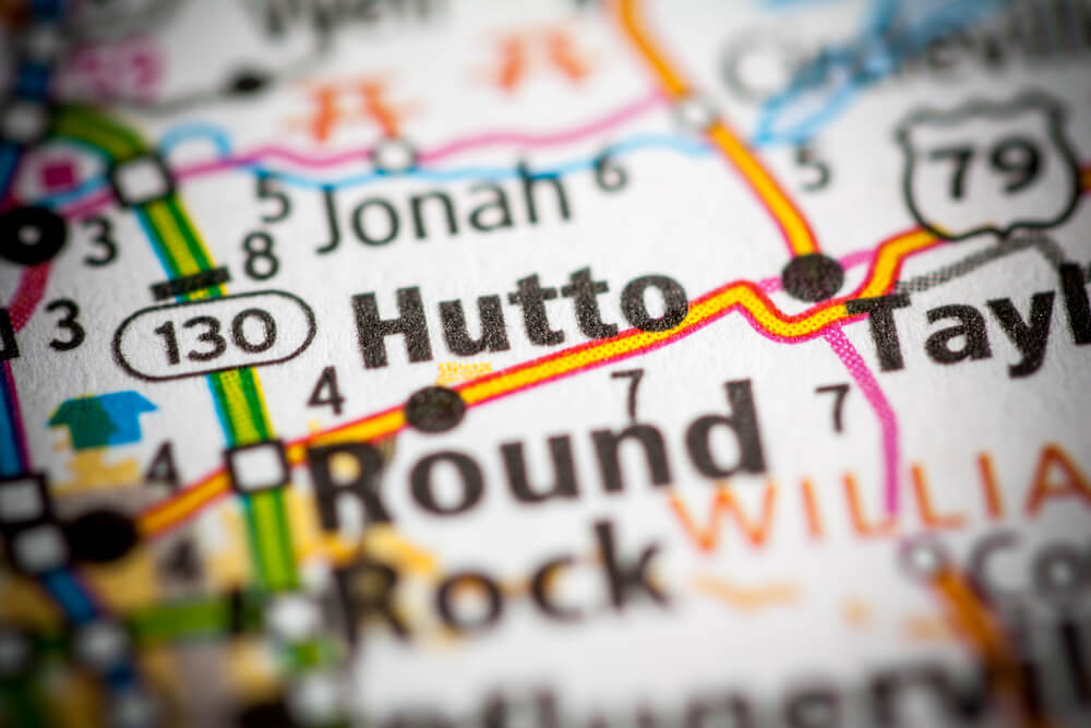 Close-up map detailing Hutto, Round Rock with highways—ideal for planning or commercial roofing services.