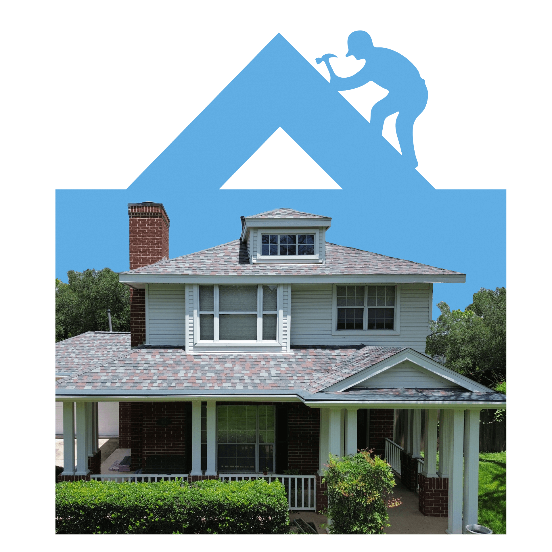 Two-story house with gray shingle roofing and expert installation overlay.