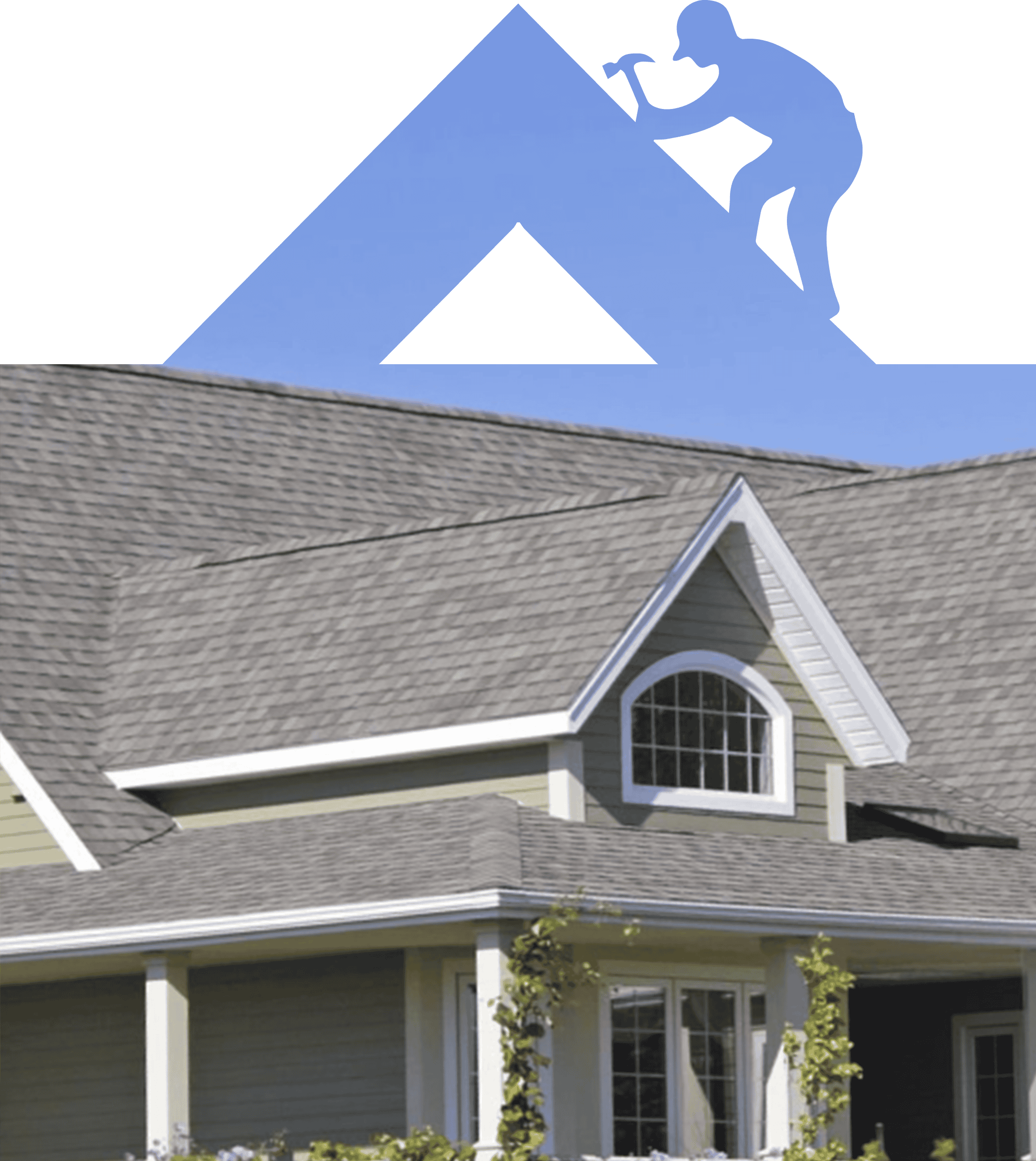 Gray shingle roof with silhouette logo: roofer hammering.